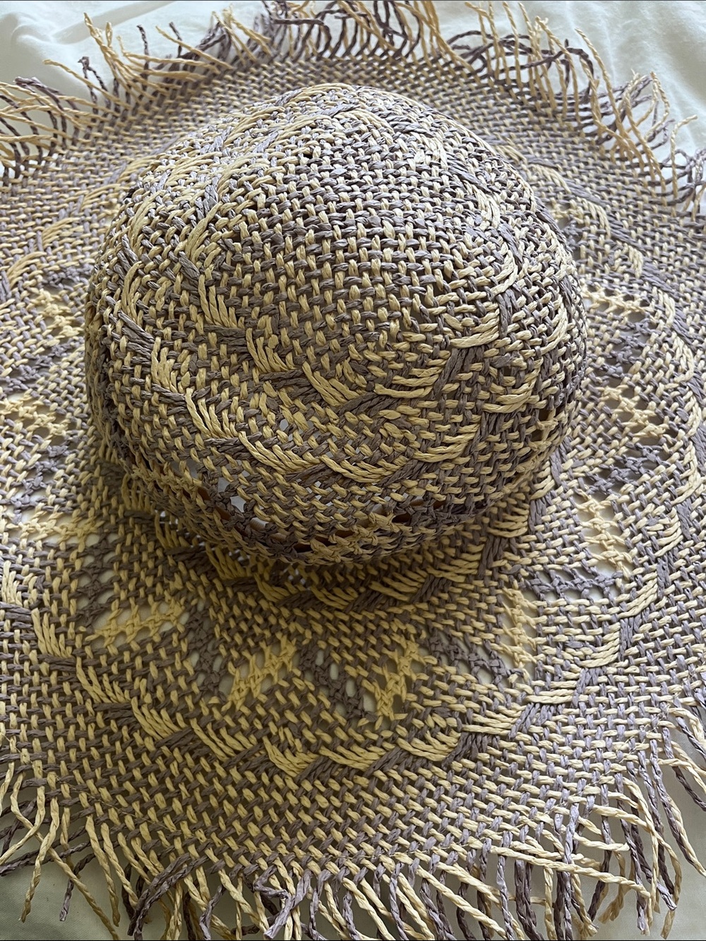 Woven Straw Sun Hat in Beige and Light purple